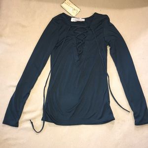 Long sleeve teal shirt with deep v laced up front